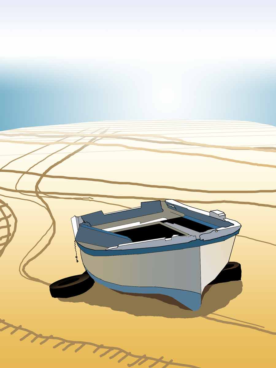 Ilustración de una barca en la playa. dibujo digital barca playa