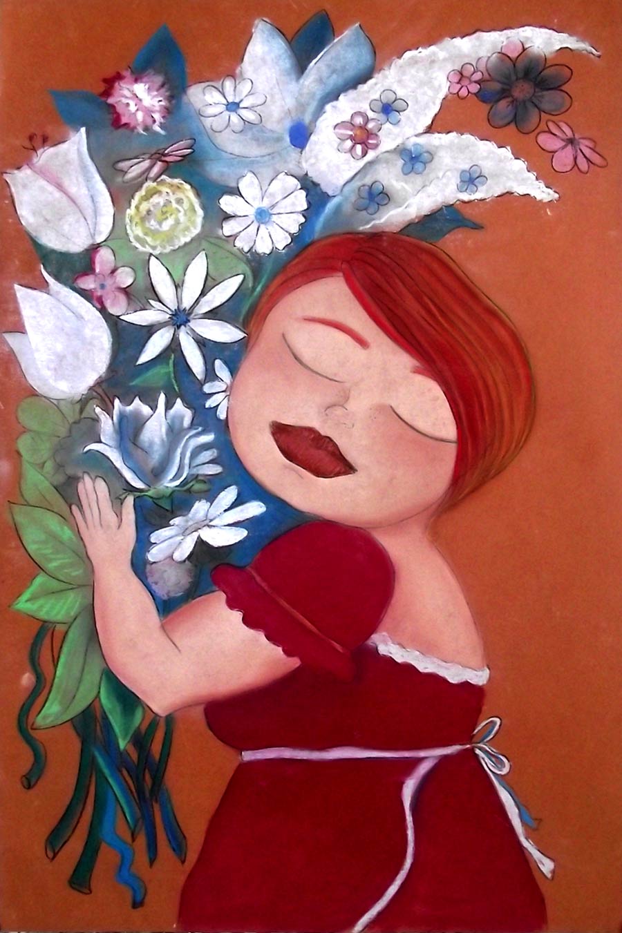 Ilustración Mujer y ramo de flores Ilustración Mujer abrazada a un ramo de flores