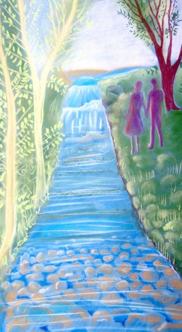 Paseo junto al río, pintura pastel de Cristina Alejos pintura río paseo pareja amor